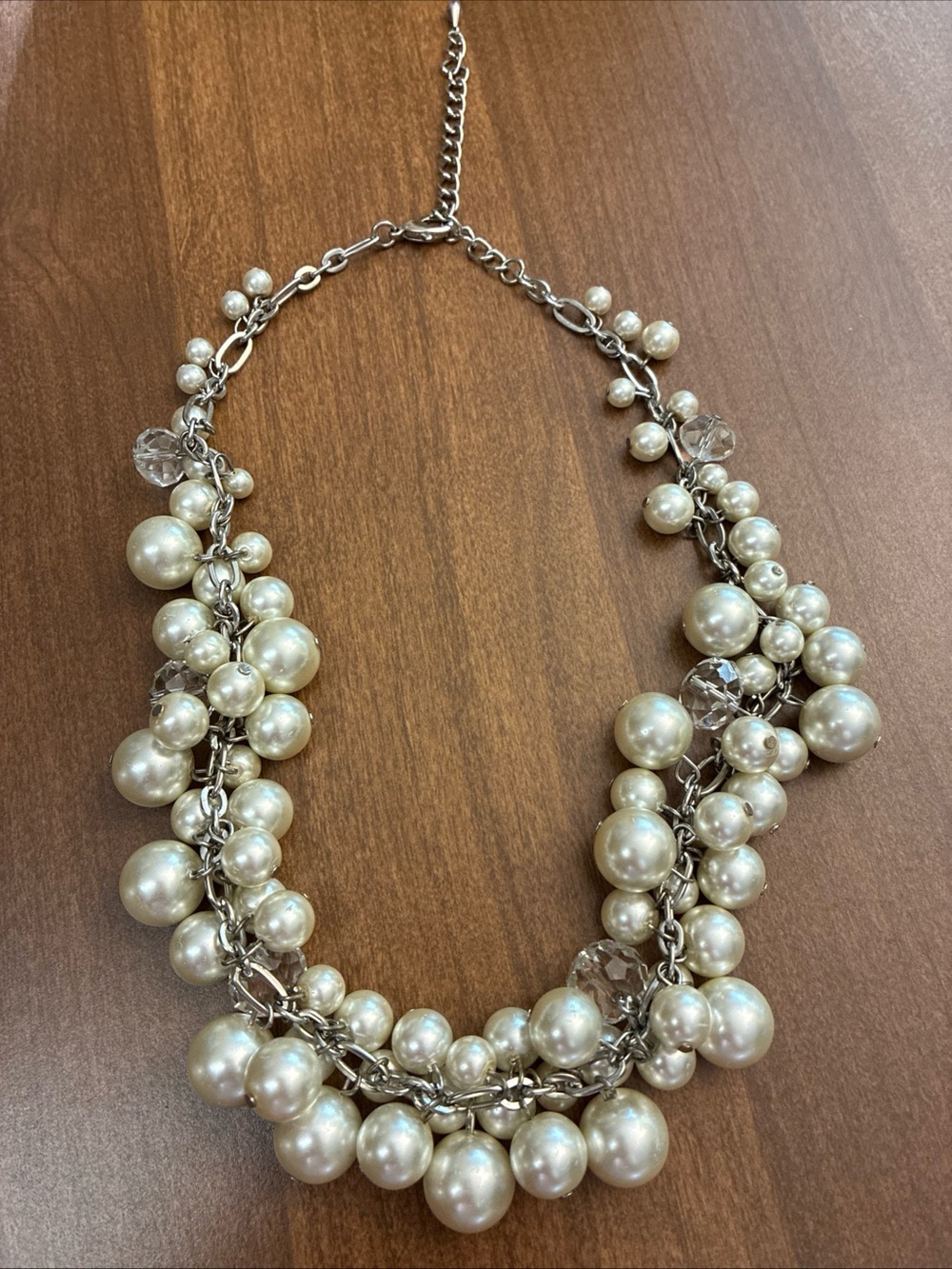 Vintage Faux Crystal & Pearl Bauble Cluster Necklace With Adjustable Chain